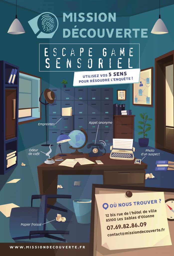 Affiche illustrée pour un Escape Game Sensoriel aux Sables d'Olonne